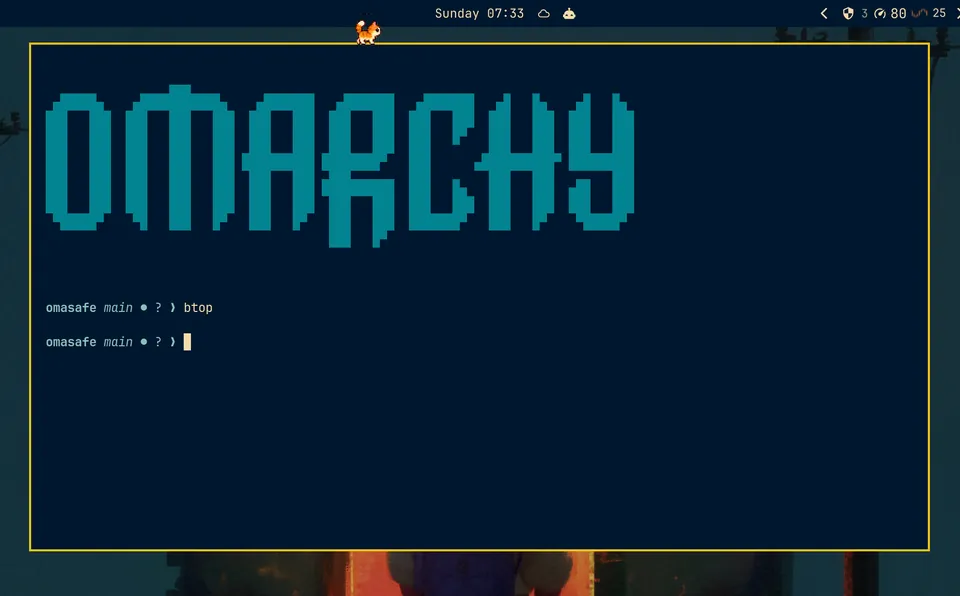 Dropdown Terminal overlay on an Omarchy desktop with a pixel cat pet walking along the bar