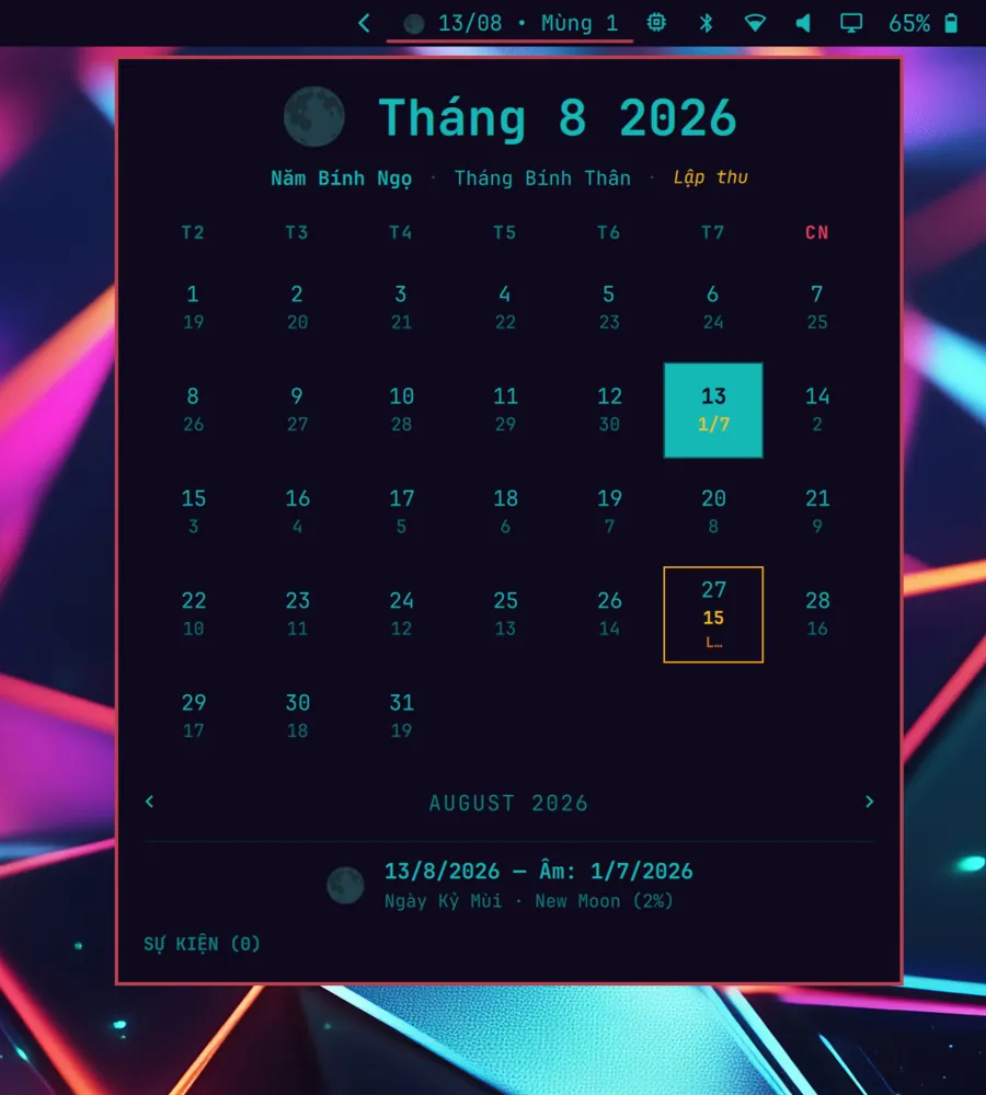 Lunar Calendar panel showing August 2026 with Gregorian and lunar dates, Can Chi labels, and the current moon phase