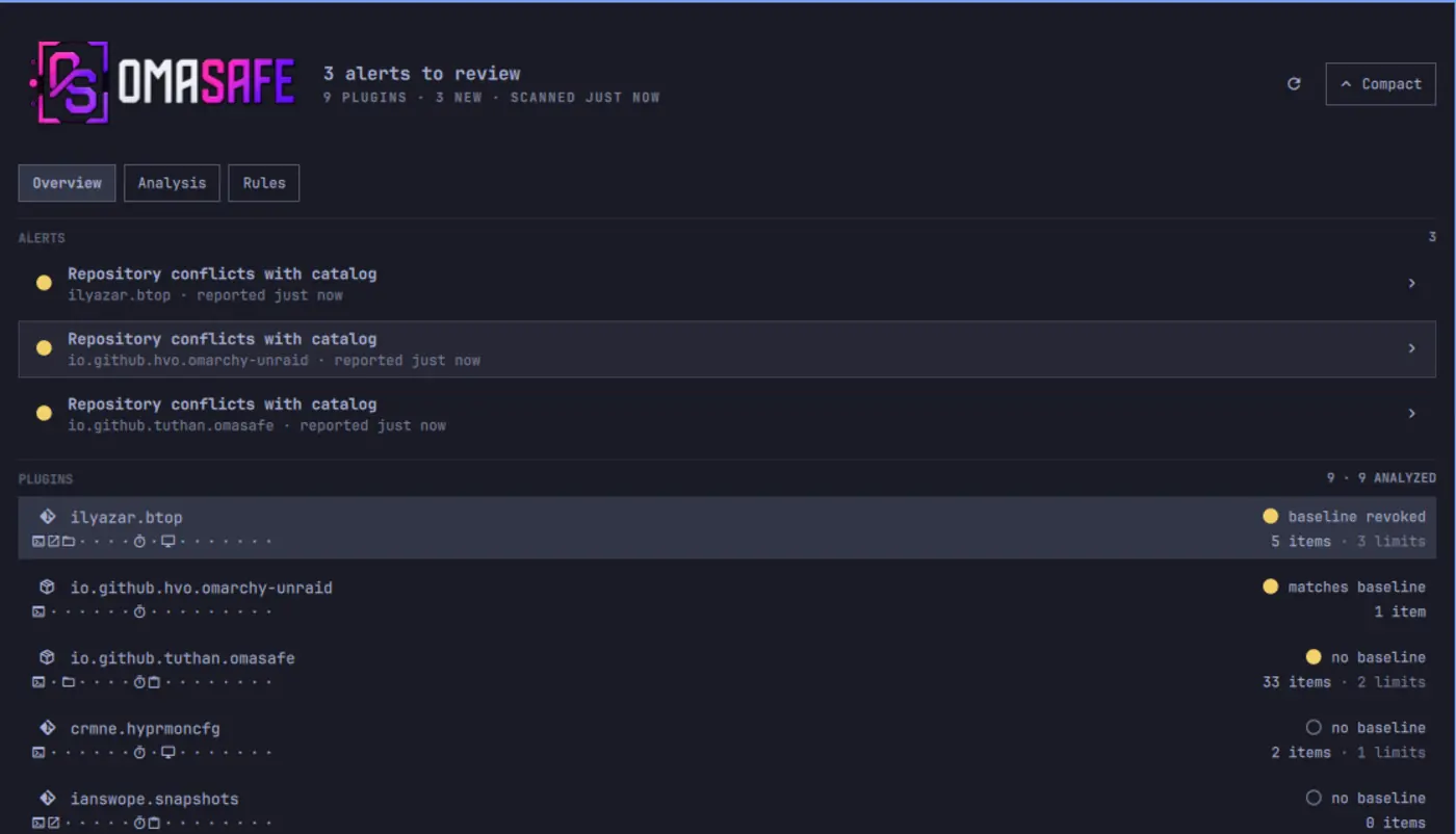 OmaSafe review panel: three alerts to review above the inventory of nine installed Omarchy plugins with trust baseline state and item counts