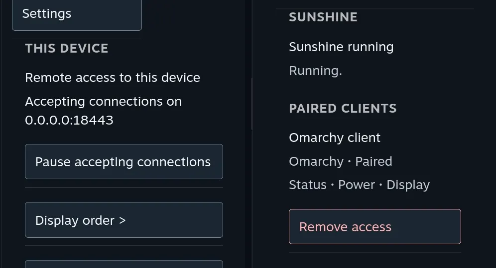 SteamOS Companion panel in Decky: remote access listening on port 18443, display order and advanced settings, Sunshine running, and one paired Omarchy client with Status, Power and Display access