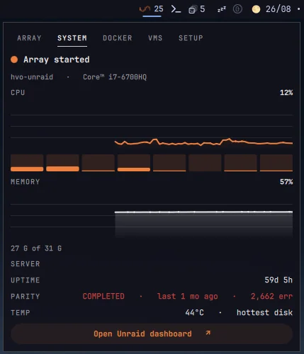Unraid panel showing array started, CPU and memory graphs, uptime, parity status, and disk temperature